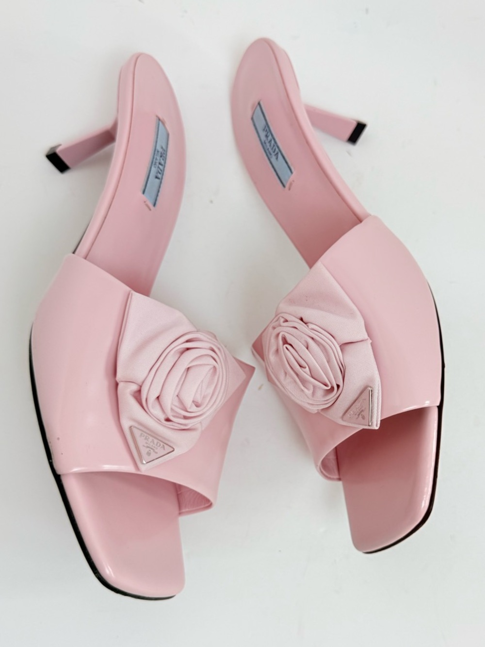 Prada Pink Rosette Triangle logo Square Toe slide Mule kitten Heels EU 39 US 9 - Picture 12 of 13